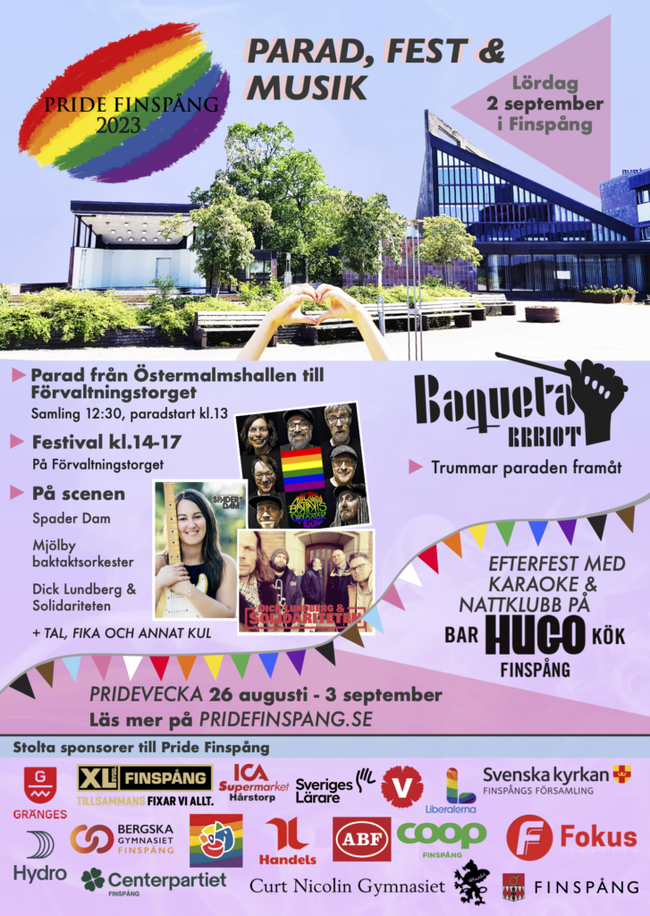 Affisch för Pride Finspång 2023 den 2 september. Prideparad, musik och annat kul.