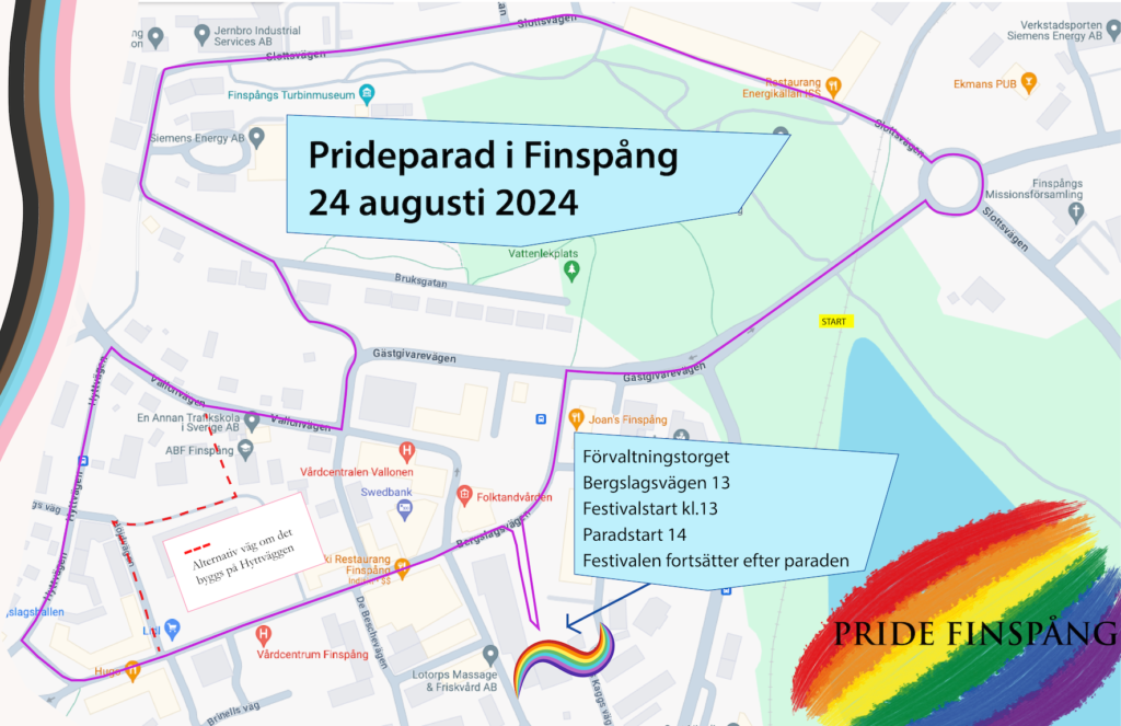 Karta som visar Pride Finspångs paradväg för den 24 augusti 2024