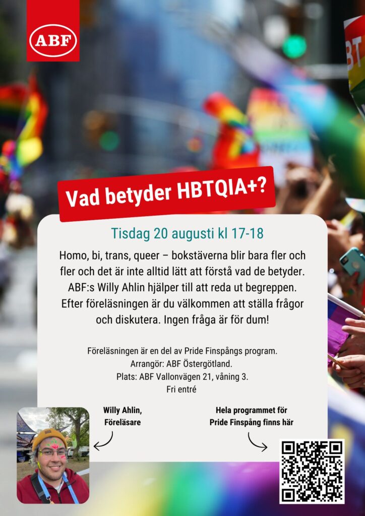 Poster som annonserrar en föreläsning om hbtq som hålls i Finspång den 20 augusti. 