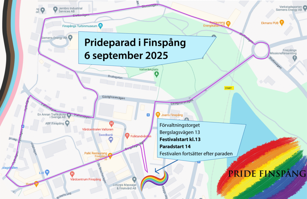Karta som visar vägen för  Prideparaden i Finspång 2025. 